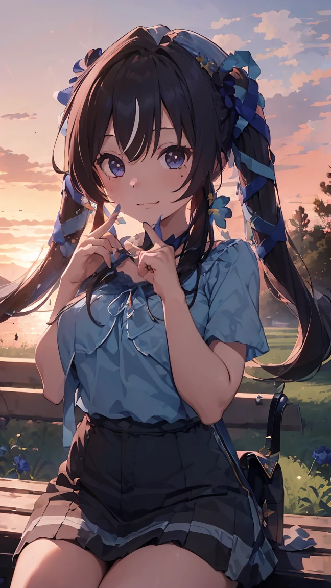 masterpiece, Highest quality, High resolution, Very detailed,(((girl))), (((station)))、(((blue flower)))、(((Red Sky)))、(((bag)))、(((grassland)))、(((Sitting on a bench。)))、(((Black Hair)))