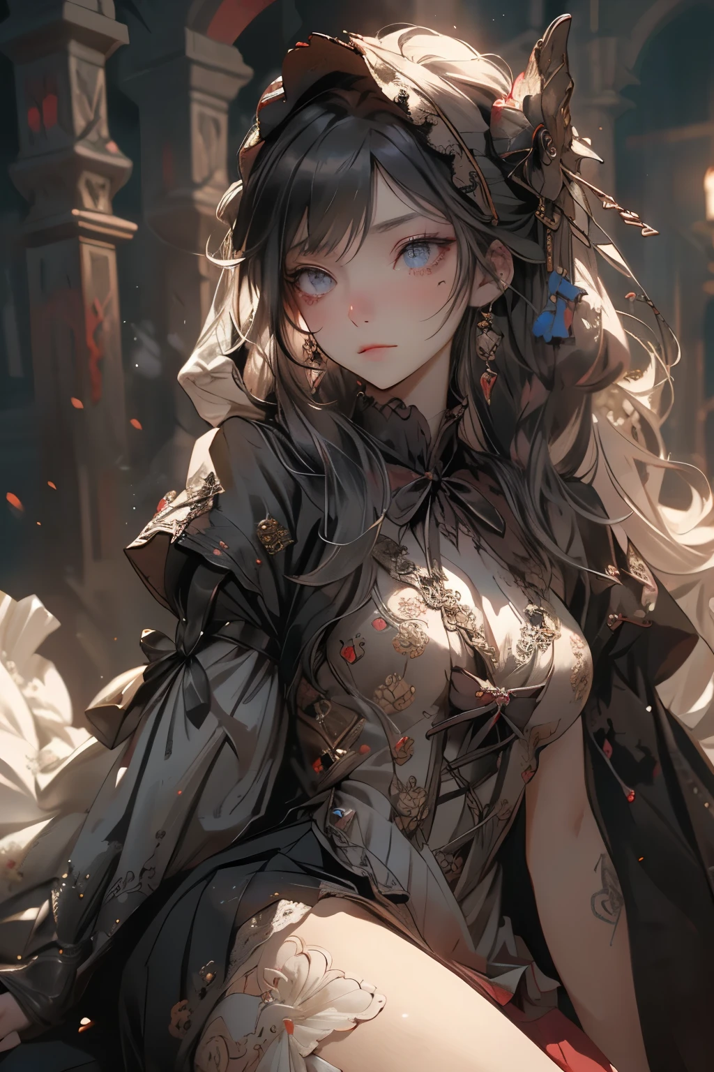 ((best quality)), ((masterpiece)), (detailed), perfect face, a knight, a knight, Bloodborne inspired, tatty Bloodborne attire, occult aesthetic, occult, tatty red and white clothing detailed and intricate steampunk and detailed gothic lolita (with a hood), long coat, Complex laced boots, Fluttering lace flared long knee length dress with frilly petticoats, long dress, knee length dress, pleated petticoats, lolita dress, petticoats gothic lolita, beautiful small breasts