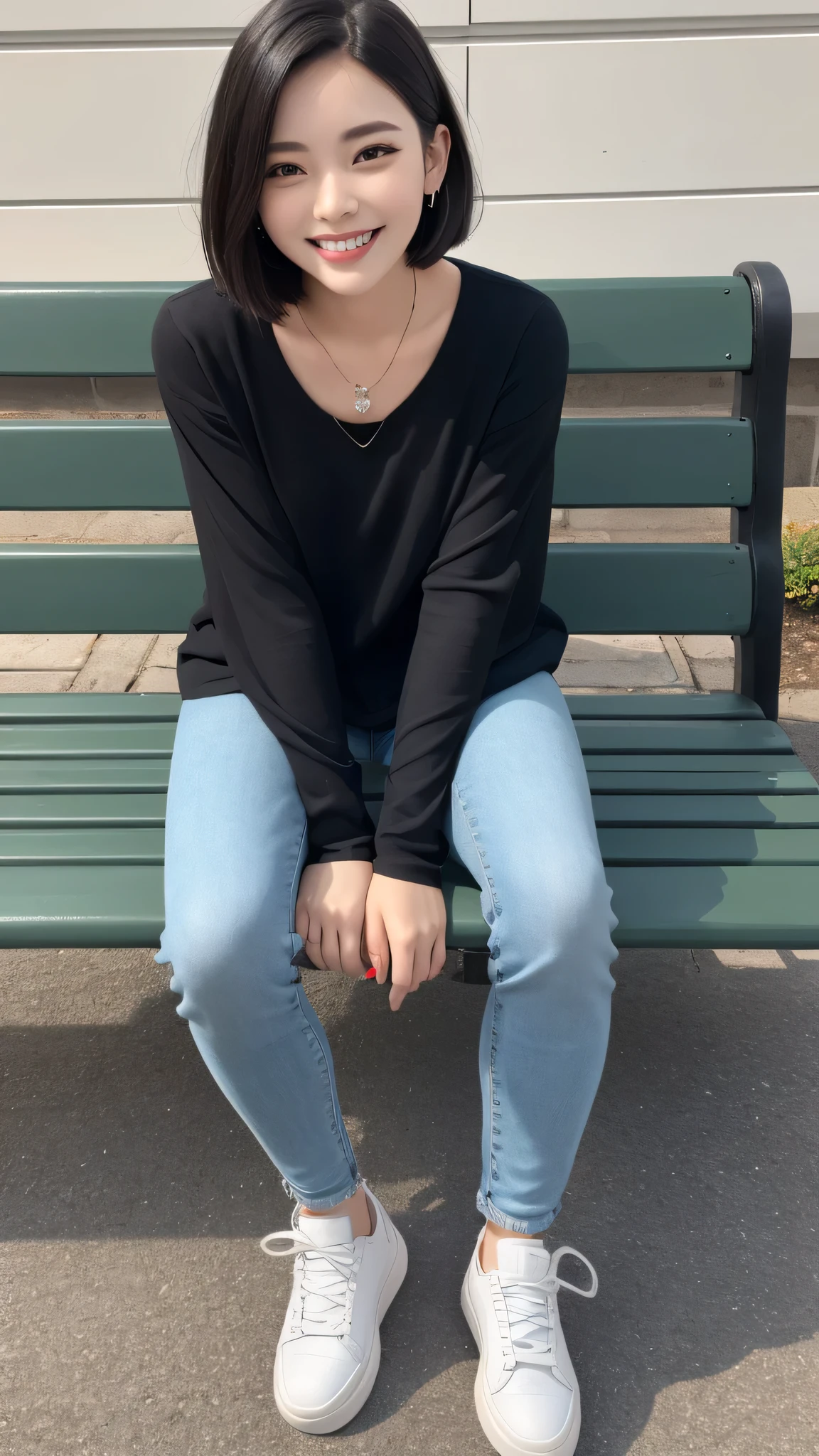 Highest quality, woman sitting on a bench、Full body photo、,smile、Beautiful teeth alignment、Black Hair、Short Haircut、Dark eyeliner、、Long sleeve blouse、Skinny jeans、sneakers、ear piercing、necklace, , Face Focus、The background is the building's corridor.