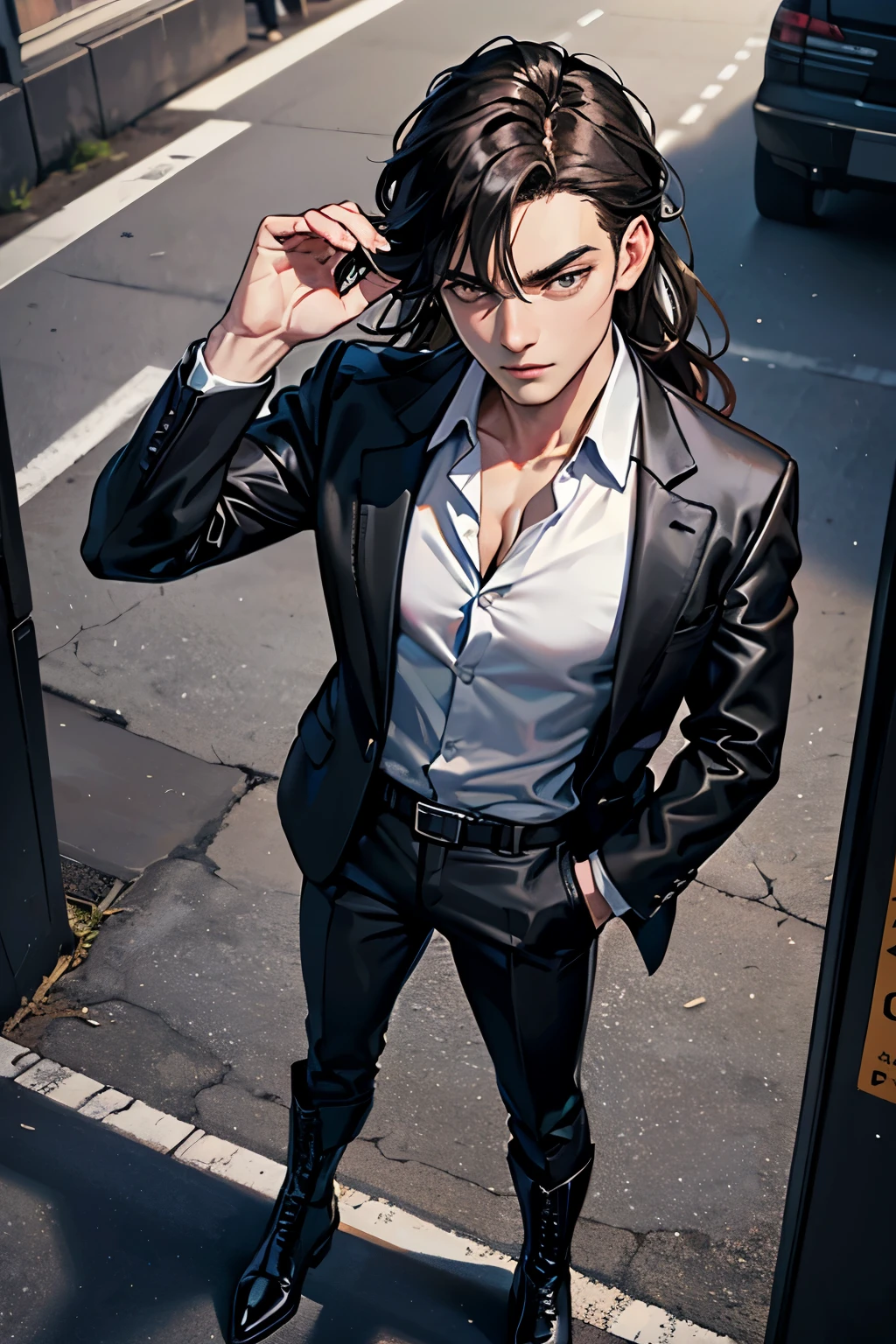 1 man, single ager, long messy burgundy neck-length hair, dark skin, tanned skin, green eyes, mole under right eye, somewhat athletic body, somewhat wide hips, tight black shirt, ripped skinny jeans, leather jacket black, in a university