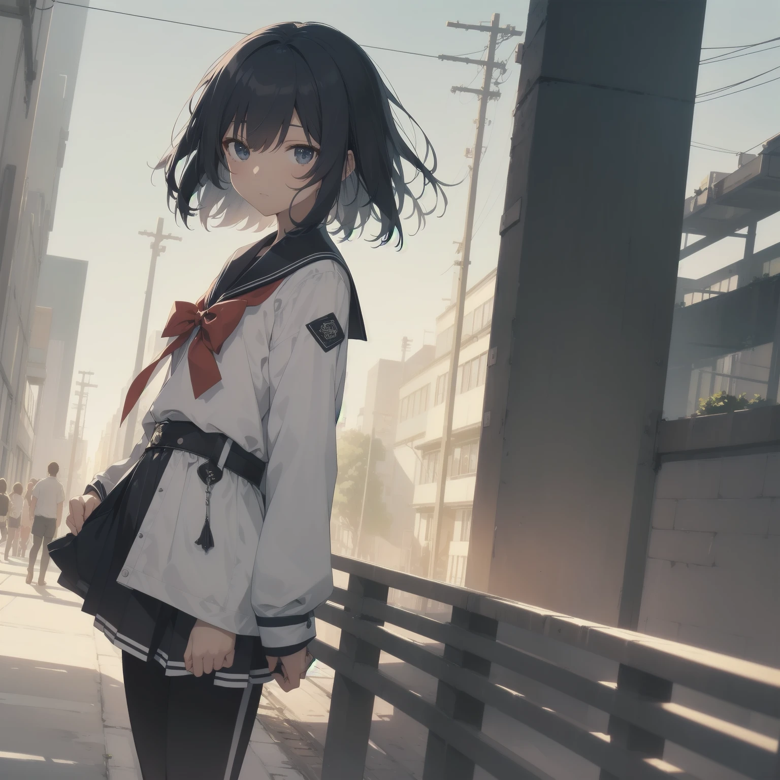 ultra-absurdres-Top quality by artist God, ultra-detailed, high resolution, anime moe artstyle, best anime 8k konachan wallpaper, pixiv contest winner, pool:2810, perfect anatomy,break, 1girl, (Please draw a girl walking sleepily to school alone. )break,(Solo,little female, :1.3),Full limbs, complete fingers,a junior high school student, (very short hair), short cut, flat chest, , small butt, smallck eyes, beautiful detailed eyes, well-proportioned iris and pupils, expressive eyes, highres detailed hair, soft expression, salor school_uniform, sailor collar, serahuku, bow, pleated skirt,(Detailed Lighting), (Detailed background), in the School commute route. break,super detailed skin, Best cinematic lighting powered by famous artist, 8k,beauty illustration,photoshop_(medium),very aesthetic,break,((artist:anti_(untea9) )), artist:clamp ,artist:carnelian ,artist:kantoku ,