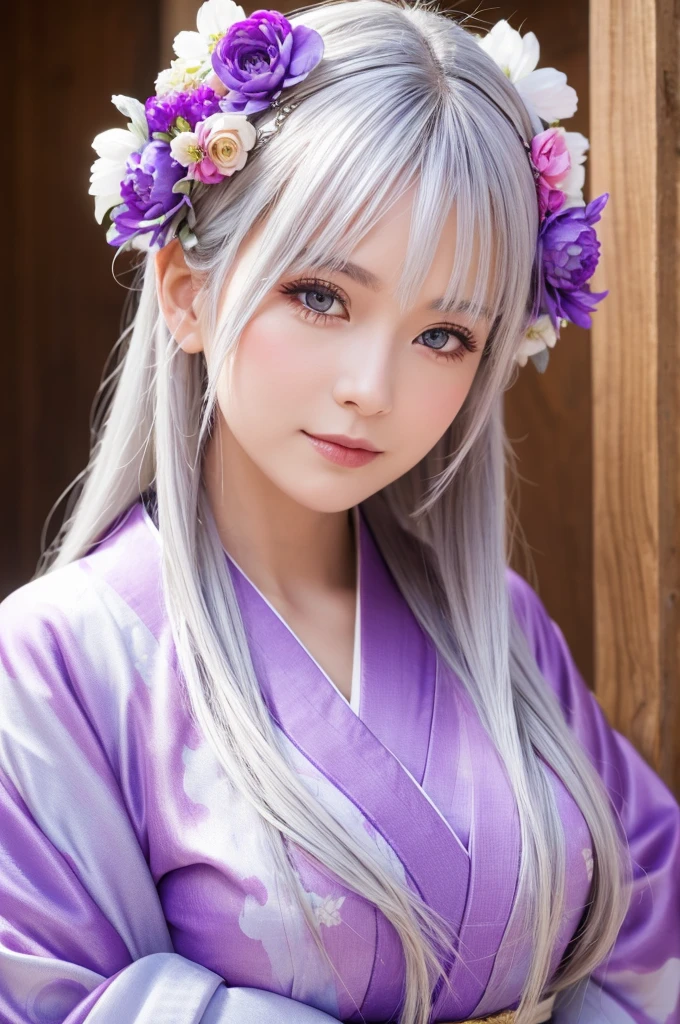 Beautiful white woman, silver hair, purple eyes, long hair, kimono, flower decoration on head