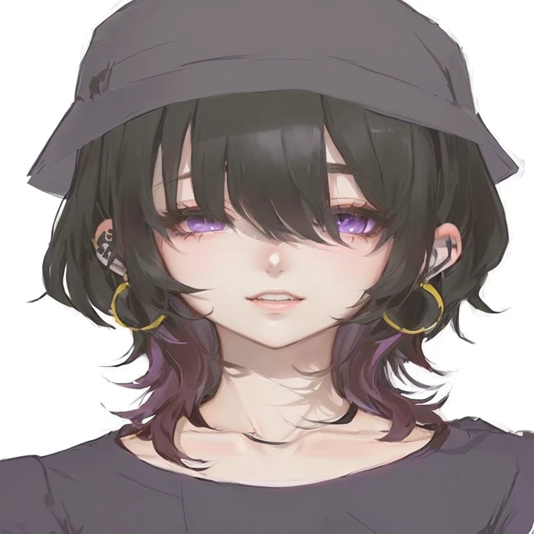 A woman wearing a hat and earrings, akane owari danganronpa, sayori, Created by Anime Painter Studio, Gap Moe Yandere, Anime Moe Art Style, Gap Moe Yandere grimdark, Anime-style characters, 1 7  anime goth girl, 2D Anime Style, portrait Gap Moe Yandere grimdark, Silver Hair, Purple Sunglasses