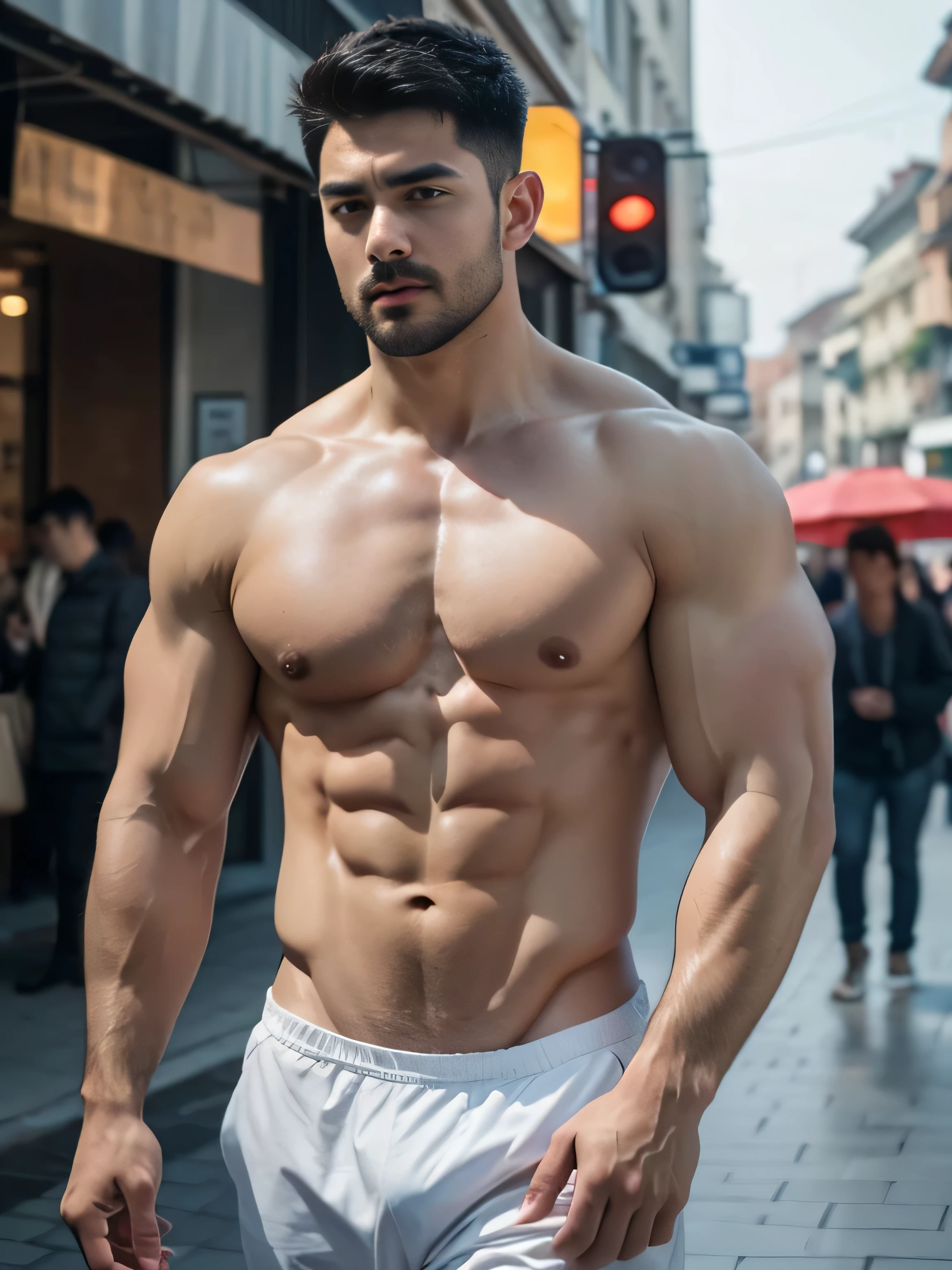 (8K, original photo, best quality，Half-length photo) ,, ((( 35-year-old muscular men)))，permanent，Shirtless,Shirtless bearded muscular man，blush，Shy expression，Mouth slightly open，one hand,,Walking on the streets of Shanghai, China
，a Asian muscular bodybuilding champion with beard and stubble,(((No chest hair)))，Handsome man,Real human skin is smooth and delicate，Delicate skin，Large nipples，Eyes and eyelashes are very detailed, muscular man, Masculinity, male, Showing chest muscles, male love model, muscular, Digital SLR Camera, Ultra-high quality, XT3, Crystal clear, 8K ultra high definition, High Detail, Ultra-realistic photos, (Realistic skin), ((Pores)), ((High Detail skin)), Volumetric Light, groin, Far, Complex 3D Visualization, High Detail,Real human skin ((Correct body structure)), (((Correct anatomy))),(((Forced noise reduction)))
