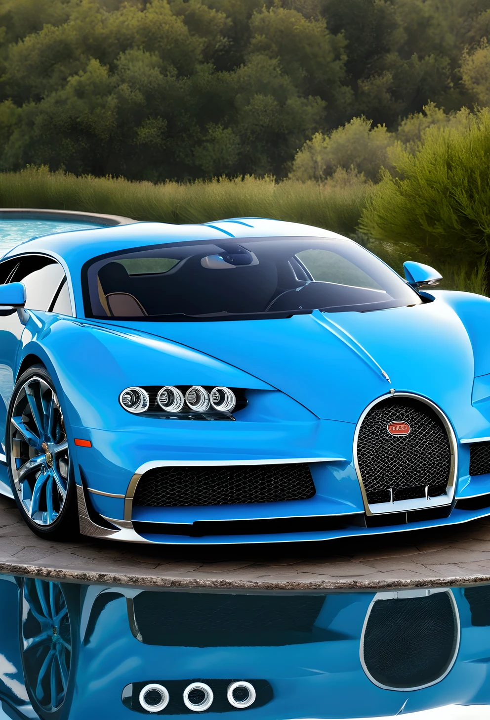 Bugatte Chiro car with well-defined contours and rich details in blue pool color , In 4k