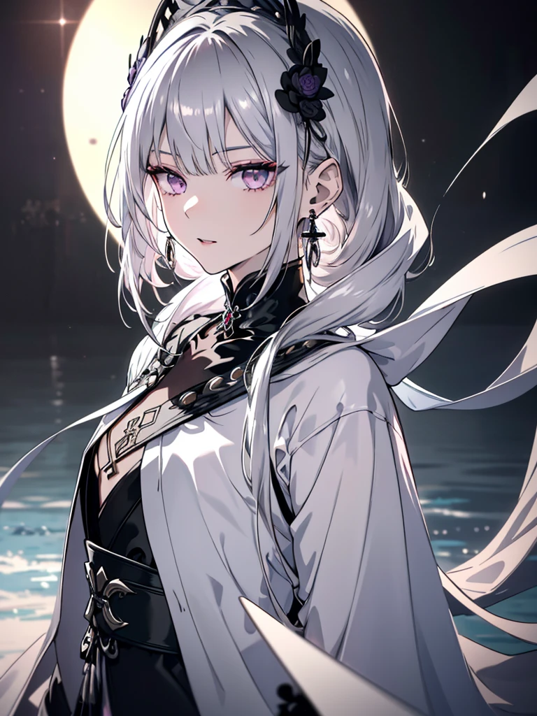 8k,High resolution RAW color art,Anime Art, (((Very detailed and cool))), Detailed skin, Blur、texture,(Exquisitely crafted, The finer details, Ultra-detailed art), (((One boy))), Depth of written boundary, Silky Touch, Hyper Detail, (((Cool face))), eye shadow、Silver Marble Skin, Beautifully detailed purple eyes, Beautiful lip detail, Very delicate face, Delicate depiction of hair and eyes, Detailed Fashion, Silver earrings,Silver Bracelet、Full body depiction, Black high neck、black waist cloak、 A little bit of grey hair、Semi-long hair、(((Hair)))、water surface、silk clotheatte、Soft clothes、cool、Food、Pale pink lipstick