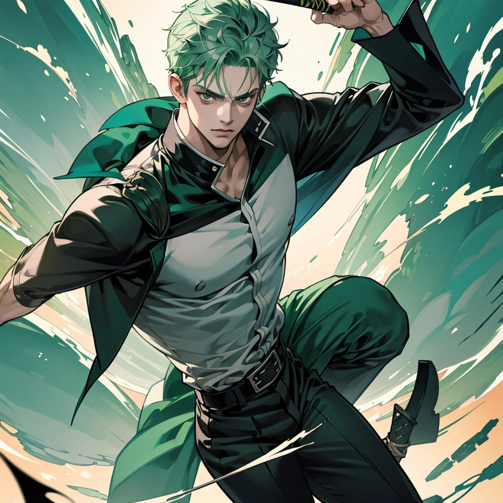 Creation of Zoro from One Piece、Watercolor、An illustration、Green Hair、、shirt、precise face features、black eye、Sporty clothing、High resolution