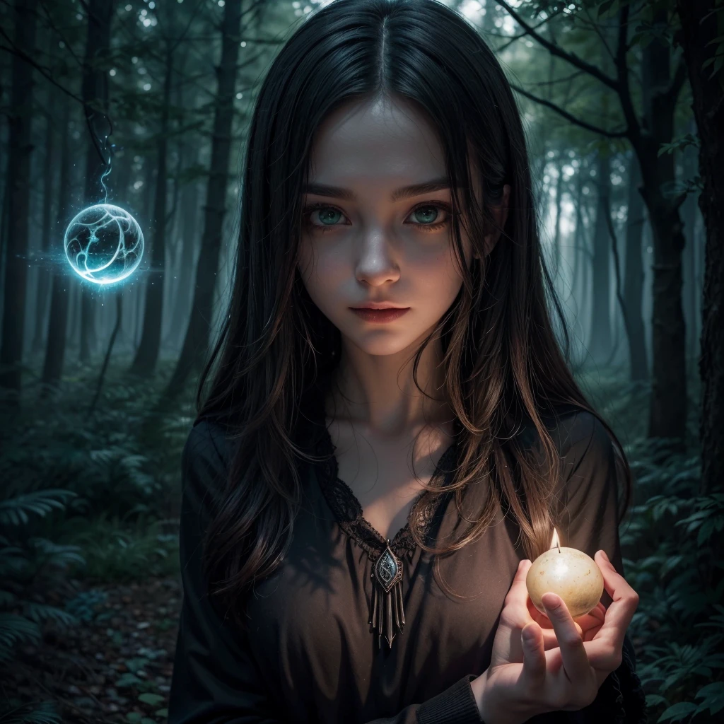 A girl with night dress holding candel in hand with long hair and kajol in dark