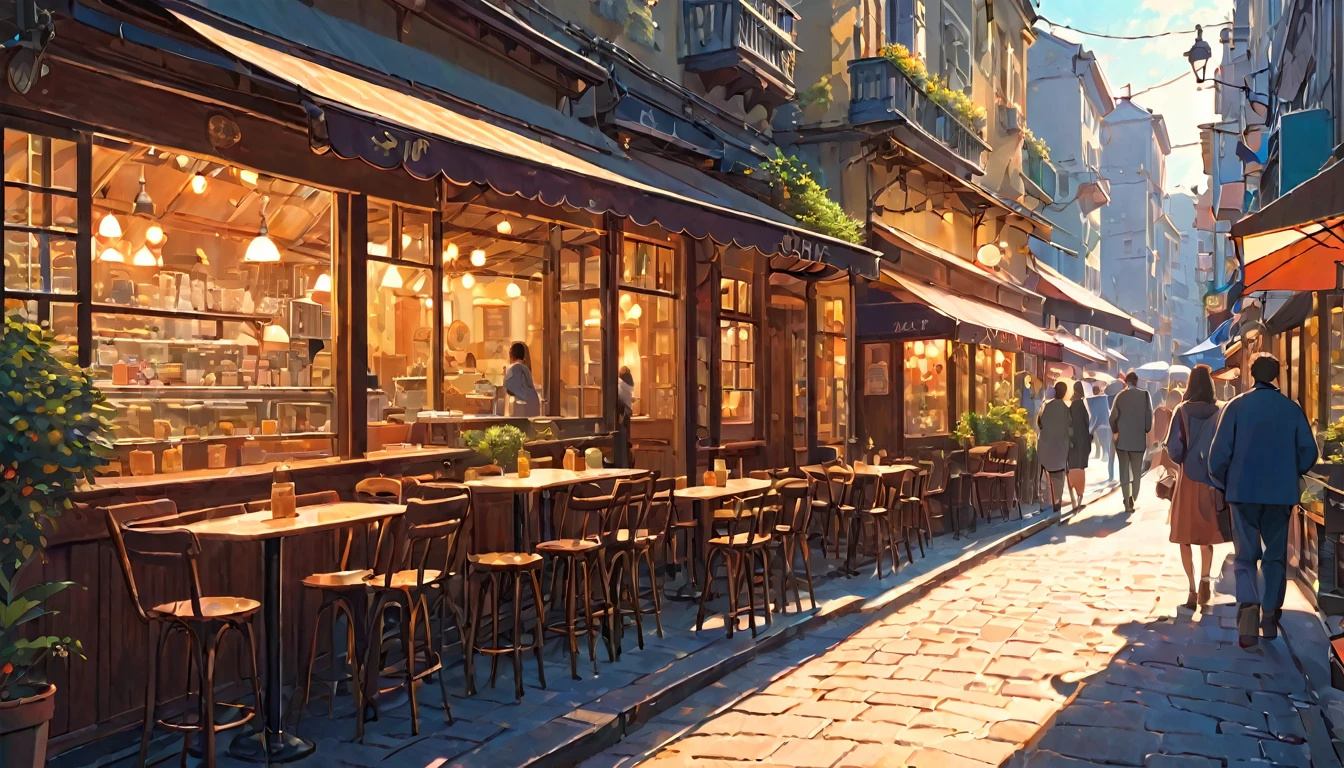 Beautiful and meticulous illustrations, best quality, masterpiece, Vivid colors,high resolution、16K、beautiful girl、A girl, best quality, masterpiece, so beautiful, Perfect composition, Intricate details, Cafe photos, Sunlight, architecture, Busy Street, Ultra-high quality, Very detailed、Very detailedな. ghibli style