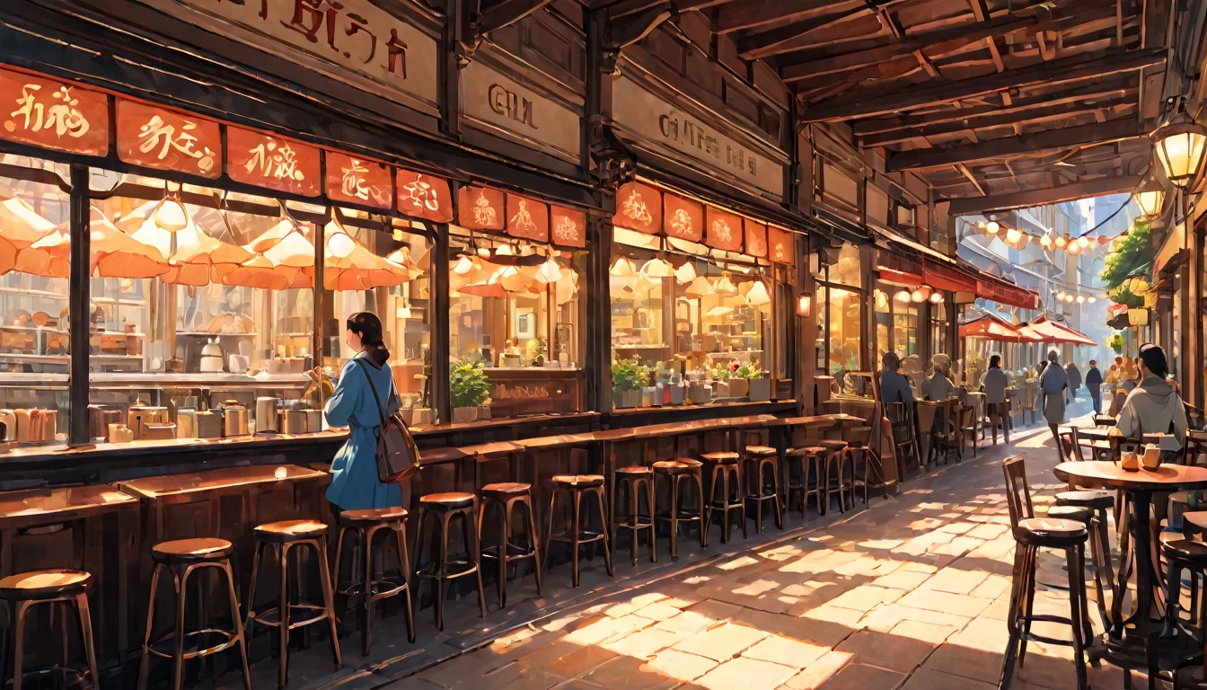 Beautiful and meticulous illustrations, best quality, masterpiece, Vivid colors,high resolution、16K、beautiful girl、A girl, best quality, masterpiece, so beautiful, Perfect composition, Intricate details, Cafe photos, Sunlight, architecture, Busy Street, Ultra-high quality, Very detailed、Very detailedな. ghibli style