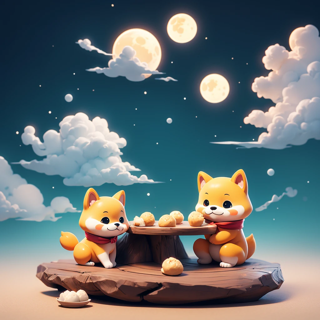 Cute anthropomorphized Shiba Inu character。
Sit on the edge、Eating dumplings while watching the moon。
