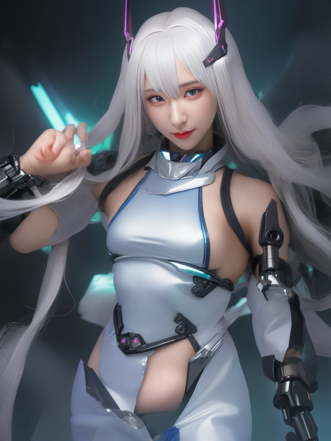 Super Detail, High Detail, high quality, best quality, High resolution，1 female robot，Beautiful female robot,beautiful clear face(Rain waves_haneame：1.5)， Realistic, High resolution, Soft Light,Hips up, (Detailed face), silver hair, long hair, Mecha Maiden, Colorful mechanical parts, mechanical joint, Thick mechanical armor,Weaponry, All metal body, Technology Antenna Hair Accessories