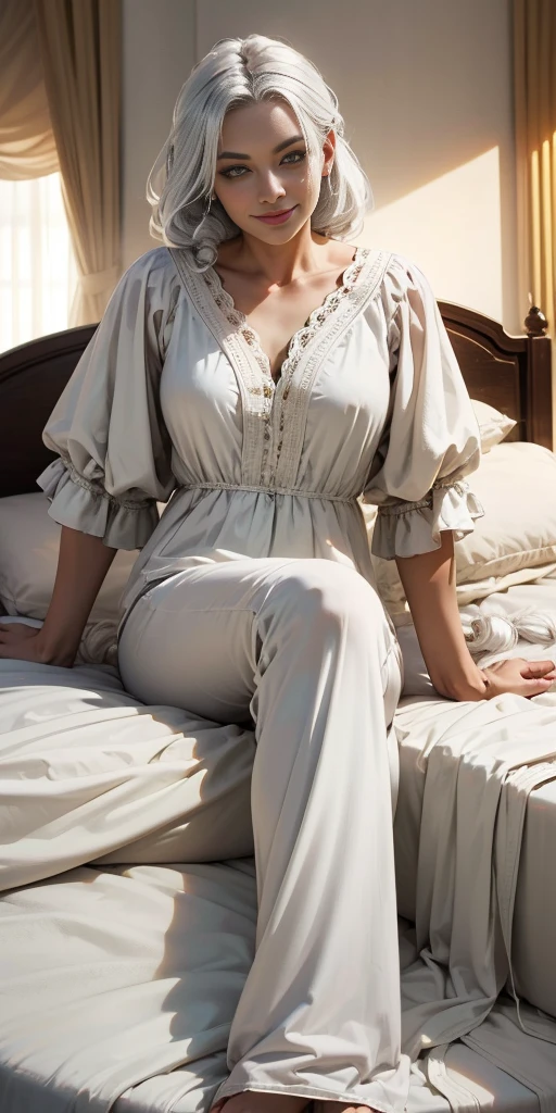 Woman White Hair Golden Eyes White Skin White Clothes Bed Bedroom Side Braids Open Legs High Quality Masterpiece Additional Ideas:
The woman may be smiling or looking at the camera.
The bed can be covered with white sheets.
The bedroom can be decorated with white furniture and accessories.
The image may have soft, natural lighting.