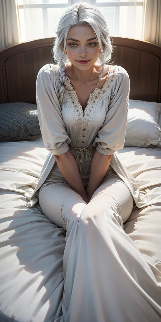 Woman White Hair Golden Eyes White Skin White Clothes Bed Bedroom Side Braids Open Legs High Quality Masterpiece Additional Ideas:
The woman may be smiling or looking at the camera.
The bed can be covered with white sheets.
The bedroom can be decorated with white furniture and accessories.
The image may have soft, natural lighting.