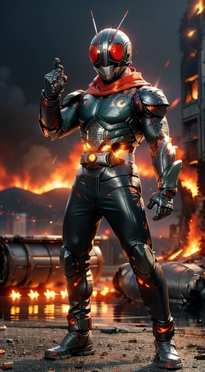 (kamen rider, (standing), (turn around), full body detailed, detailed hands, good fingers, good hands, good legs, red scarf, low hood, ((epic burning city)), ruins, floating, explosion, debris, some fire and glitter background, ultra hd, ultra realistic texture, (flare lens:1.2), (long shot:0.9)