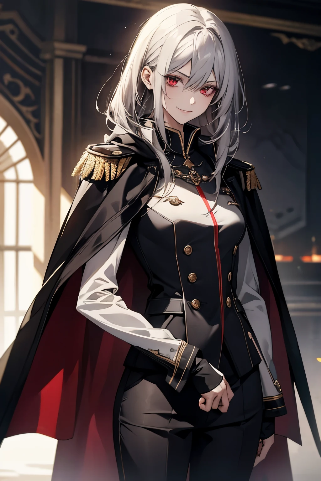 (Confused, High resolution, Very detailed), 1 female, Silver Hair,Shortcuts,Bright red eyes,White and black military uniform,24th generation,beauty,mature,thin,quiet,Calm,A small smile,A kind smile,A shy smile,In front of people you like,Long Cape,Slender and thin,boots,skinny pants,grassland,Small breasts,