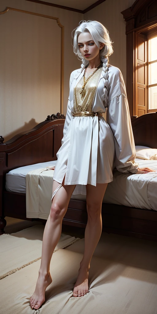 Woman White hair Golden eyes White skin White clothes Bed Bedroom Side braids Open legs High quality Masterpiece