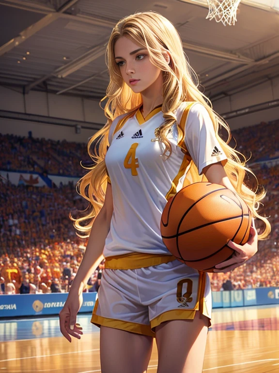 (masterpiece), (best quality:1.4), (intricate details:0.2), (1girl, caucasian), medium breasts, slim body, tall body, (((soccer uniform, intricate details))), ((long wavy brunette hair)), scenery, (((basketball player uniform))), (((shooting a free throw at the basket))), (((Spanish national red  team colors))), (on basketball olympic),
