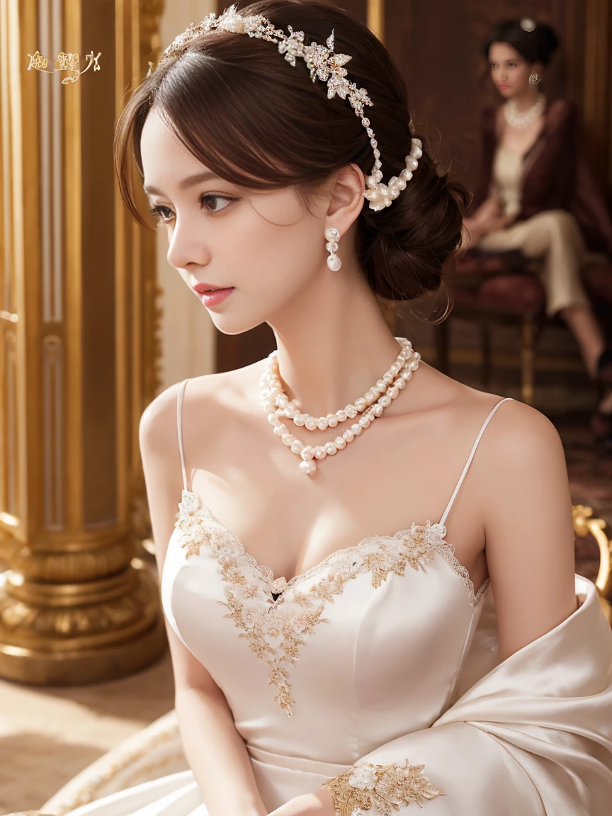 ball at the palace, Luxurious and formal atmosphere, white dress, silk dress, empire dress, Lace and jewel decoration, embroidery decoration, pearl necklace, Pearl earrings, shiny hairpin, Ball gown for feminine women.