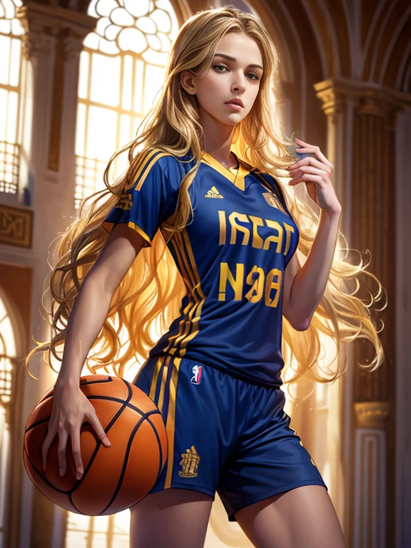 (masterpiece), (best quality:1.4), (intricate details:0.2), (1girl, caucasian), medium breasts, slim body, tall body, (((soccer uniform, intricate details))), ((long wavy brunette hair)), scenery, (((basketball player uniform))), (((shooting a free throw at the basket))), (((Spanish national red  team colors))), (on basketball olympic),