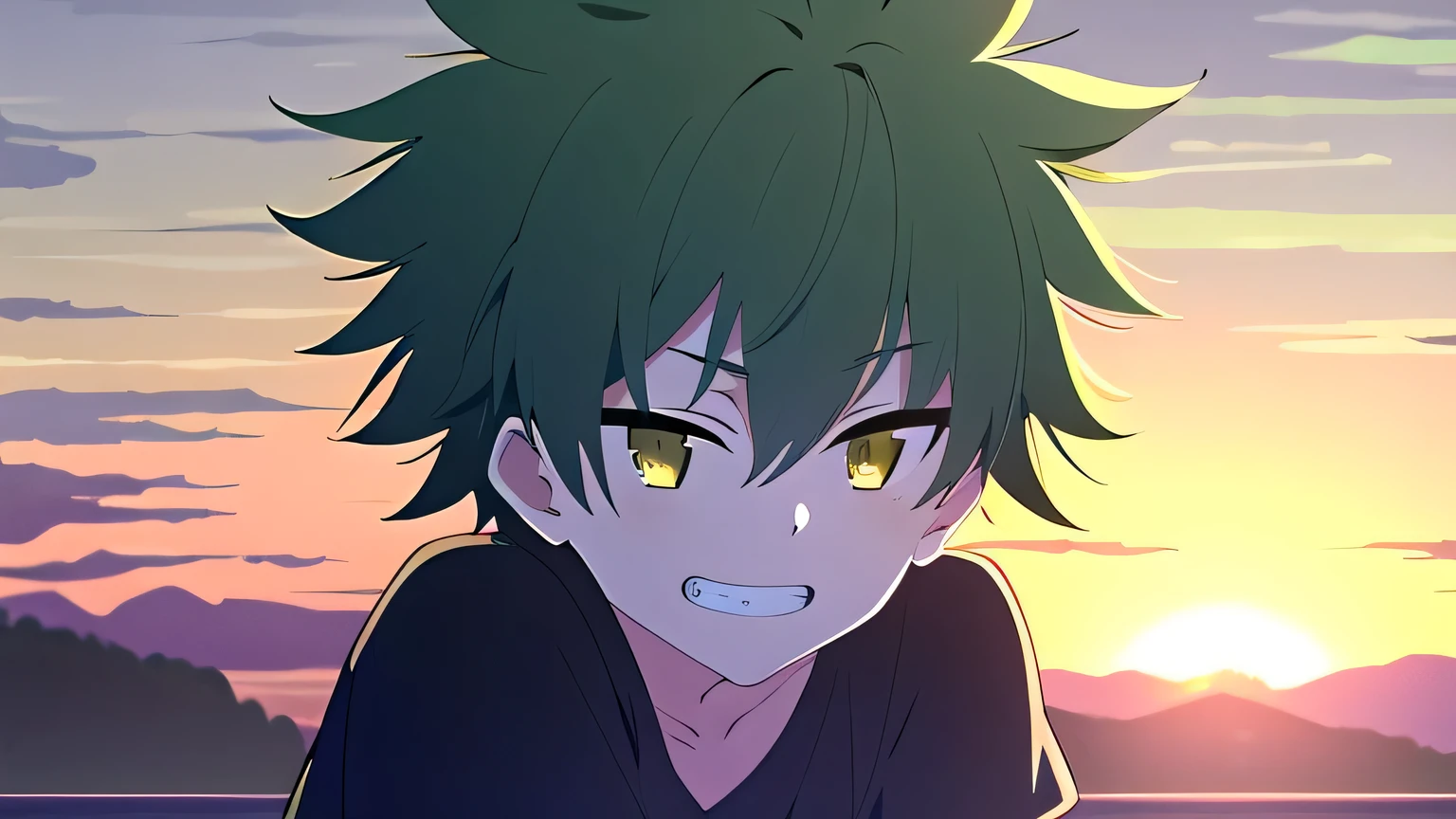 solo, man, male, spiky hair, messy hair, green hair, yellow eyes, short haircut, 1man, 1boy, yellow jacket, short sleeves, sunset, theme black, upper body, masterpiece, 1man,grin