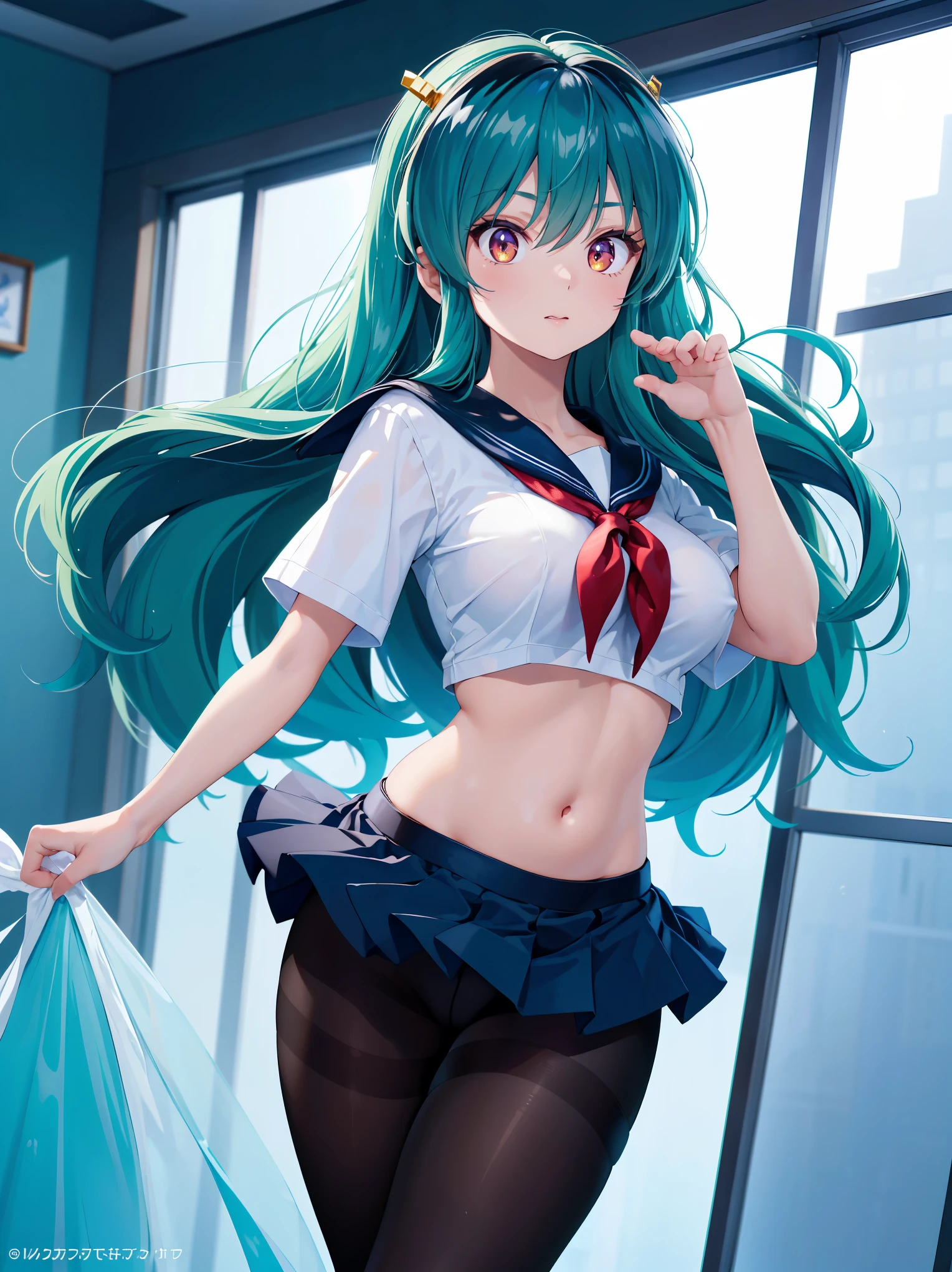 (1 Girl:1.2),(high quality), (High resolution), (Very detailed), (8k),(Demolition paperback correct)、Urusei Yatsura、Ram-chan、Sexy Lingerie、Wearing a sailor uniform、((Focus on the whole body))、Nipple Shape、((Black Pantyhose))、Hair messed up by the strong wind、Neutral White Lighting,Sexy pose、