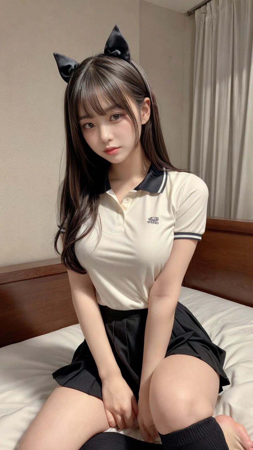masterpiece, best quality, illustration, Super detailed, fine details, High resolution, 8K,wall paper, perfect dynamic composition,(Details High quality, realistic depiction of eyes:1.3), (collared polo shirt), pleated skirt, knee high socks, Long hair, black hair color, big natural color lip, bold sexy pose, (perfect body shape), crying a little、harajuku style、20 year old girl、cute type、ta、beautiful feet, hotel room, Gravure idol pose, plump thighs, (woman on top, straddling, sitting)
