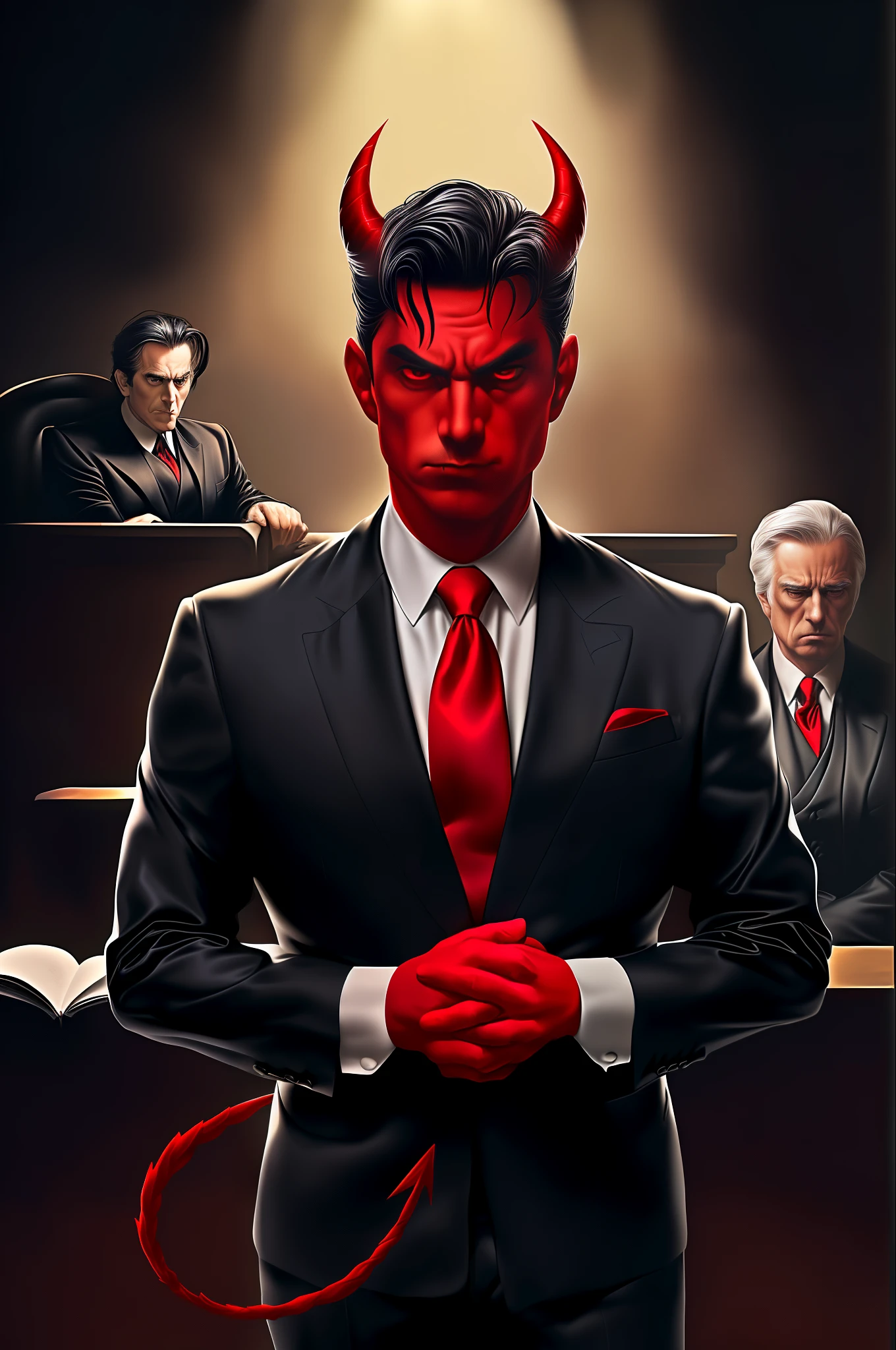 A striking illustration of a devilish lawyer with a forked tongue and a tail. He is suited up in a classic attorney's attire, complete with a black suit, white shirt, and red tie. The devil's eyes are fiery red, and his horns are adorned with a set of scales, symbolizing his role in the courtroom. The background is a dimly lit courtroom, with a judge presiding over the case and a worried-looking defendant waiting for their fate.