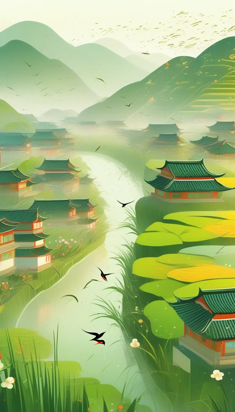 Qingming Festival Chinese countryside, plants and flowers, swallows, wicker, rice field, light rain, river, bright, spring green, bright background, blank at the top of the frame, flat illustration, Victo Ngai style