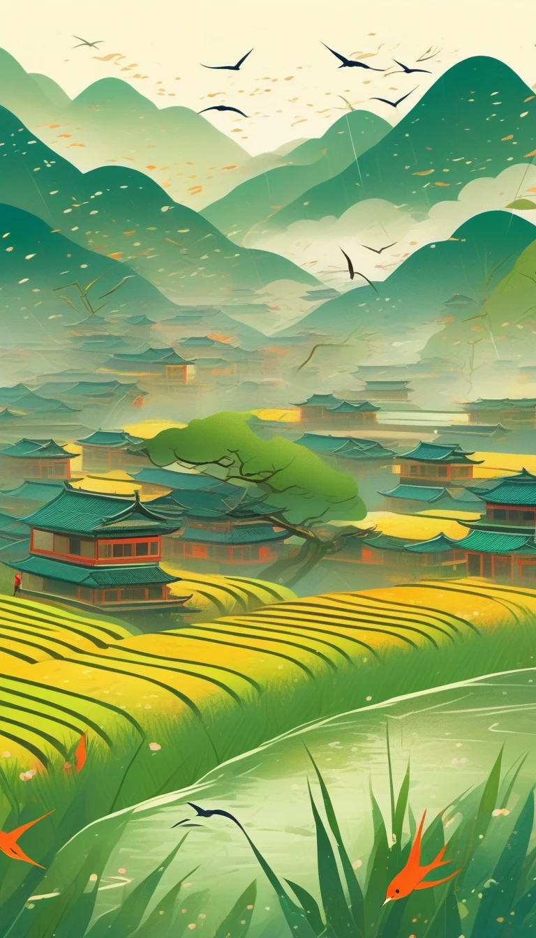 Qingming Festival Chinese countryside, plants and flowers, swallows, wicker, rice field, light rain, river, bright, spring green, bright background, blank at the top of the frame, flat illustration, Victo Ngai style