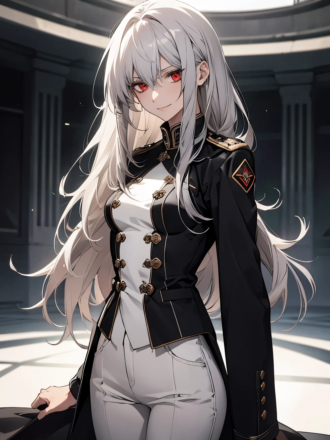 (Confused, High resolution, Very detailed), 1 female, Silver Hair,Long Hair,Bright red eyes,White and black military uniform,24th generation,beauty,mature,thin,quiet,Calm,A small smile,A kind smile,In front of people you like,Long coat,Slender and thin,boots,skinny pants,observatory,Small breasts,