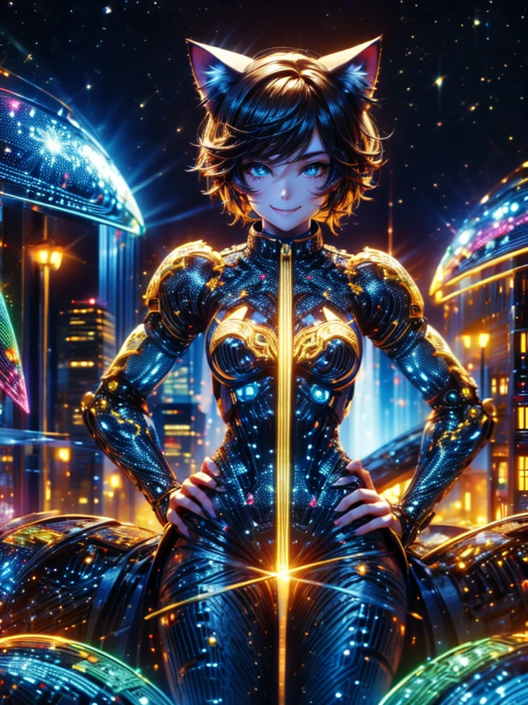 Masterpiece,Highest Resolution,Highest quality,A beautiful smiling android girl from the future,Cat ear,An intricate mechanical body,Crisp down to the smallest detail,Future city at night,whole body,looking at the camera,Very beautiful eyes,