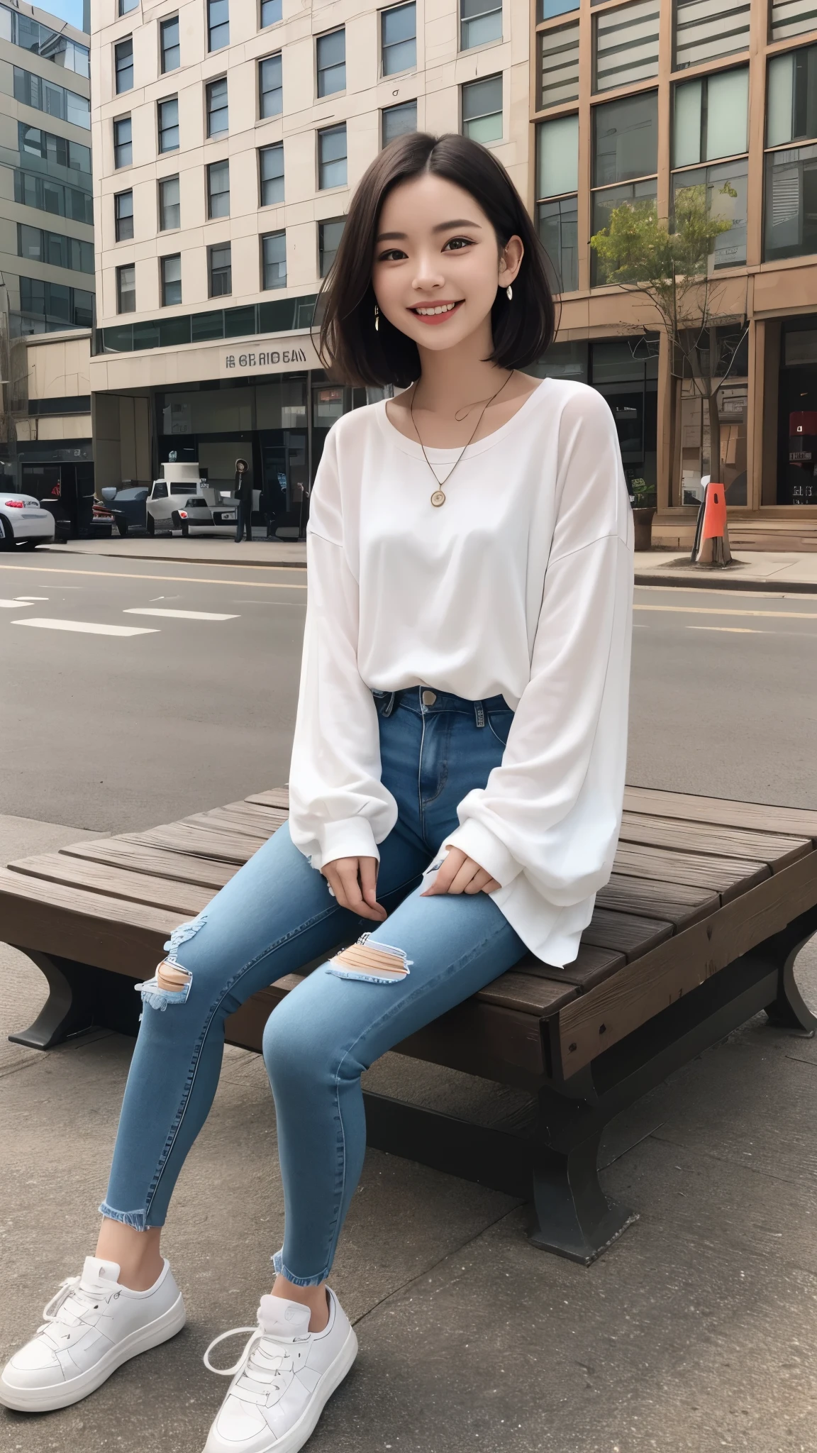 Highest quality, woman sitting on a bench、Full body photo、,smile、Beautiful teeth alignment、Black Hair、Short Haircut、Dark eyeliner、、Long sleeve blouse、Skinny jeans、sneakers、ear piercing、necklace, , Face Focus、The background is the building's corridor.