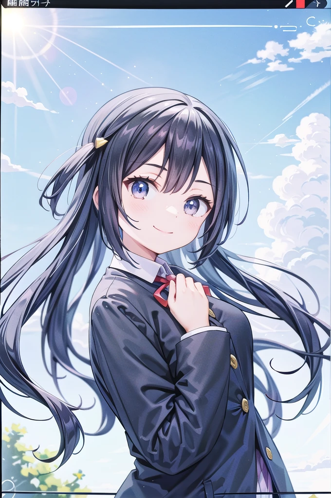 (best quality, masterpiece:1.2), 1girl, solo, anime, anime screencap,  ray tracing, global illumination, ultra resolution image, vivid color,  cinematic light,  lens flare,  light on face, glow eyes,  depth of field, happy, detailed background, cute,  straight-on, smile, looking at viewer, outdoors, sky, cloud, 
 Yuki Setuna, upper body, jacket, long sleeves,Outdoor、Strong winds、Panty shot