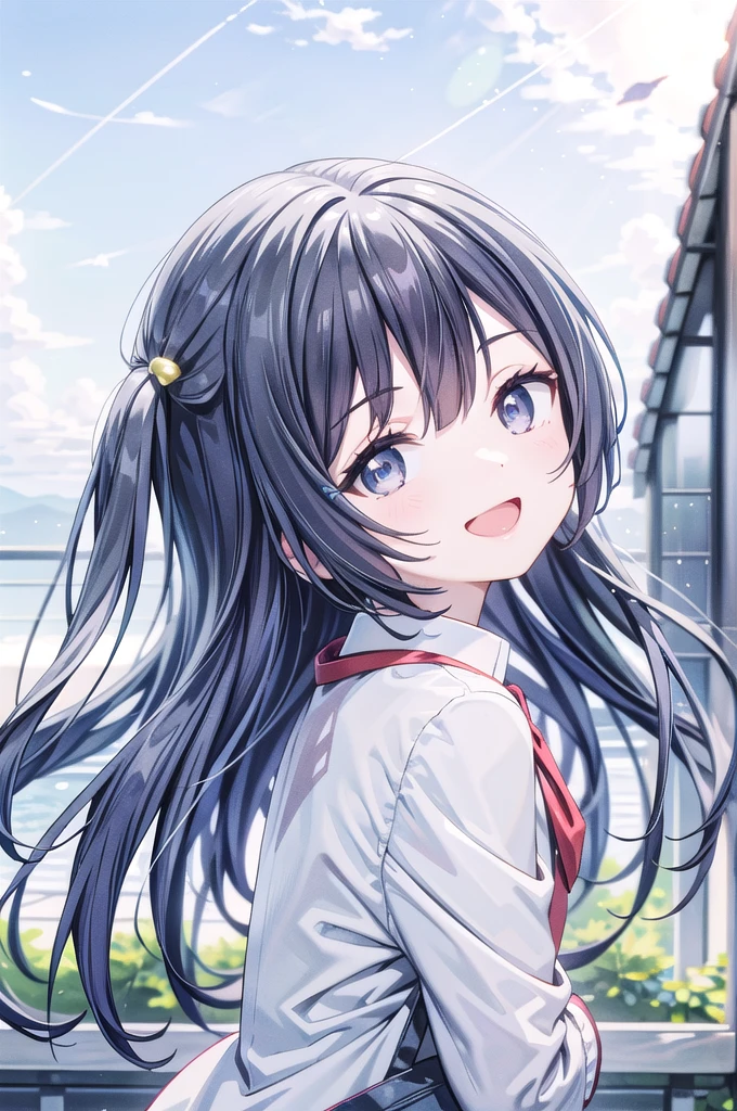 (best quality, masterpiece:1.2), 1girl, solo, anime, anime screencap,  ray tracing, global illumination, ultra resolution image, vivid color,  cinematic light,  lens flare,  light on face, glow eyes,  depth of field, happy, detailed background, cute,  straight-on, smile, looking at viewer, outdoors, sky, cloud, 
 Yuki Setuna, upper body, jacket, long sleeves,Outdoor、Strong winds、Panty shot