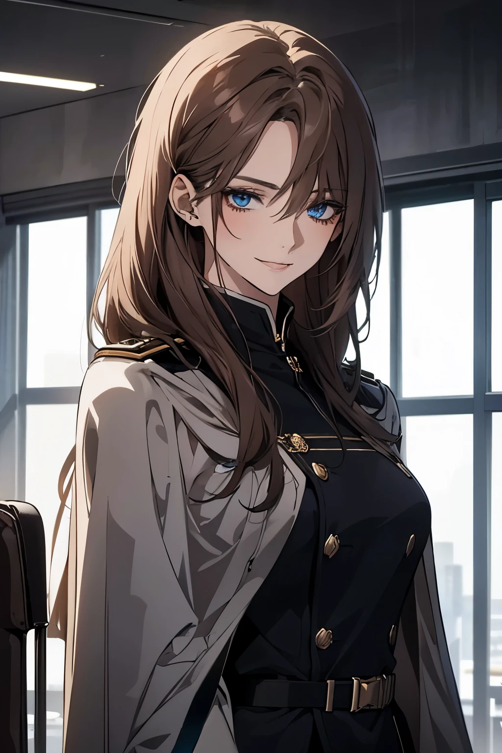 (Highest quality,High resolution,Very detailed),1 girl, Beautiful and elegant light blue eyes, Brown Hair, Cold Smile,Straight long hair tied back, Wearing black military uniform, Mature Woman, Age 25,Cruel smile, Calm and Calm, Slim figure, Pale complexion, thin, Calm,conference room,Half Cloak
