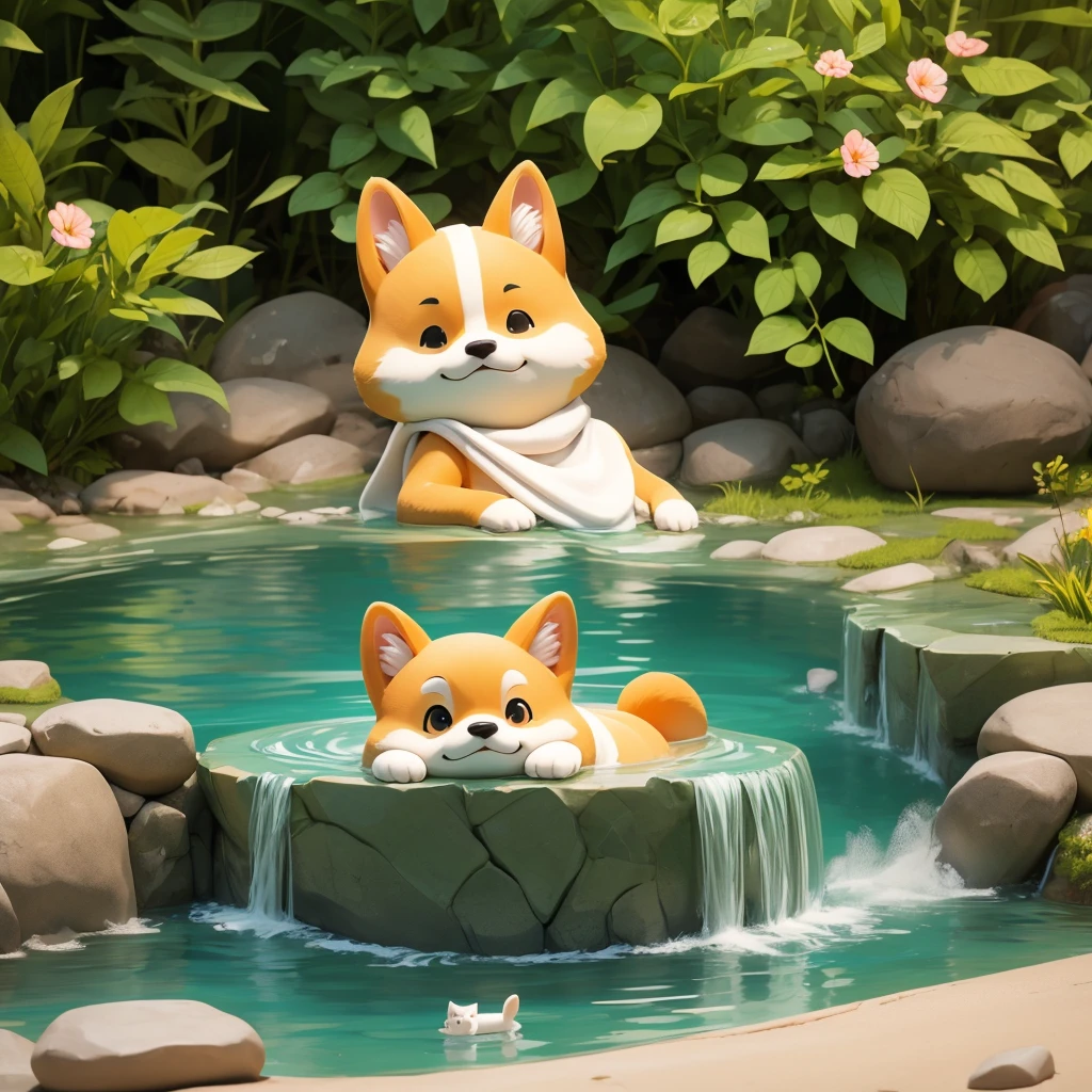 Cute anthropomorphized Shiba Inu character。
Relaxing in a hot spring,、With a towel on his head。