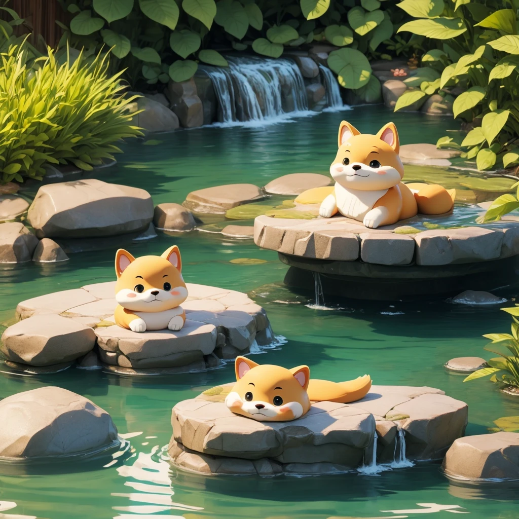 Cute anthropomorphized Shiba Inu character。
Relaxing in a hot spring,、With a towel on his head。