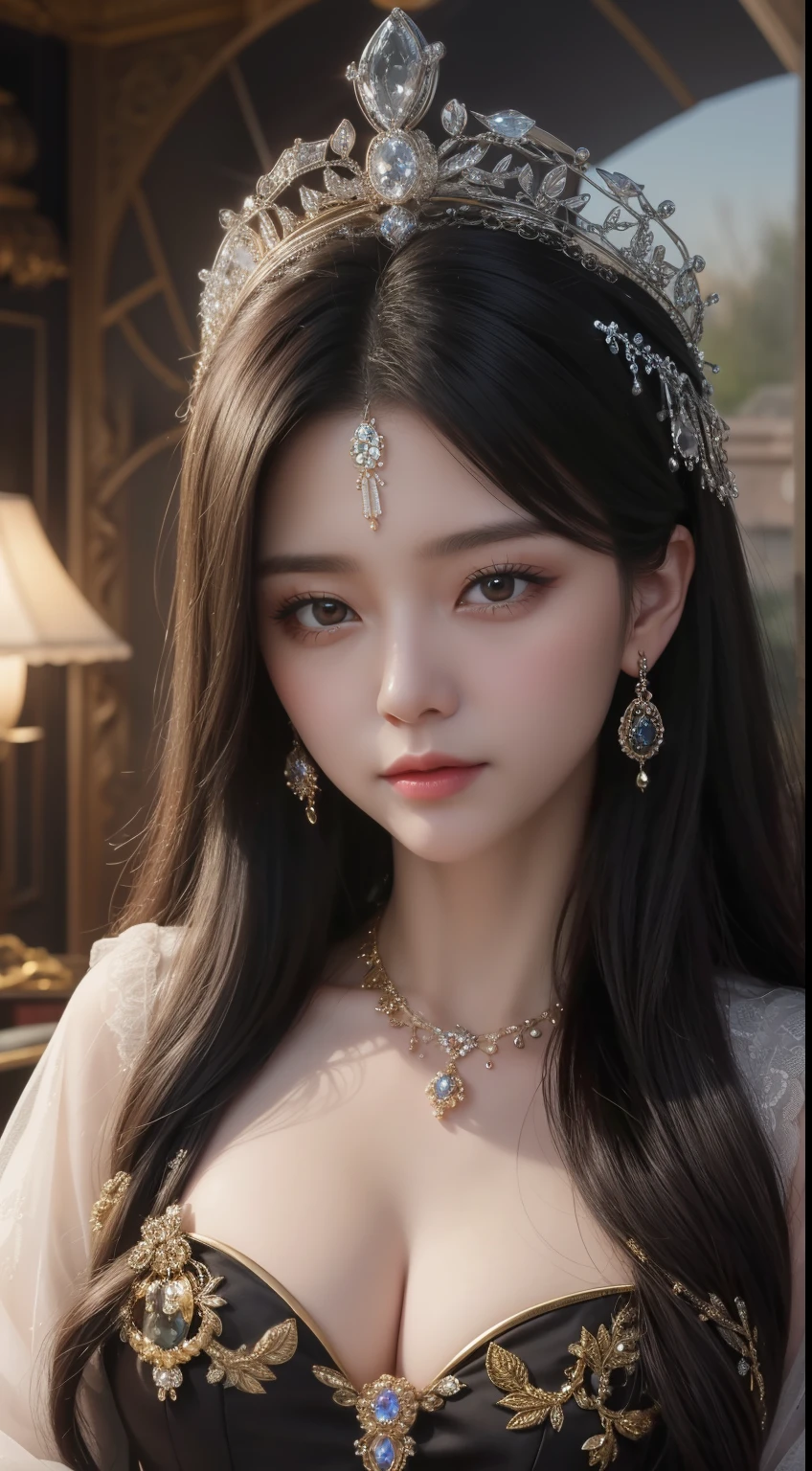 masterpiece，Best image quality，Beautiful bust of a royal woman，delicate black hairstyle，Amber eyes are clear，Adorned with dazzlingly intricate jewelry，super detailing，upscaled。