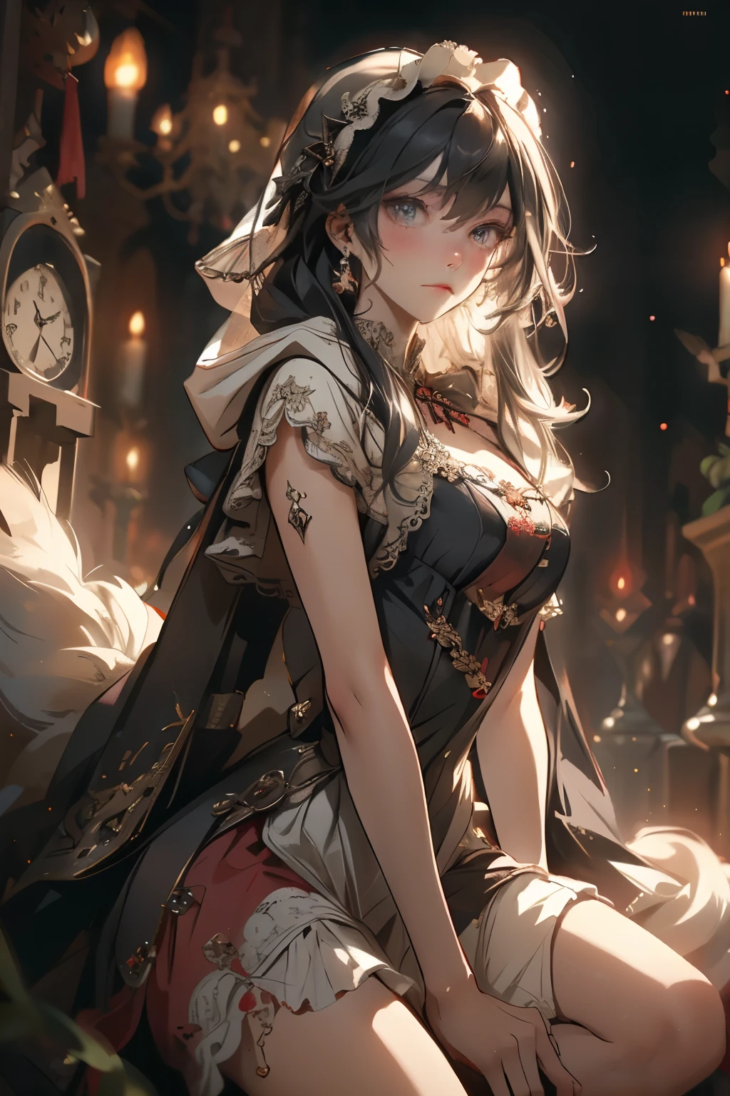 ((best quality)), ((masterpiece)), (detailed), perfect face, a knight, a knight, Bloodborne inspired, tatty Bloodborne attire, occult aesthetic, occult, tatty red and white clothing detailed and intricate steampunk and detailed gothic lolita (with a hood), long coat, Complex laced boots, Fluttering lace flared long knee length dress with frilly petticoats, long dress, knee length dress, pleated petticoats, lolita dress, petticoats gothic lolita, beautiful small breasts