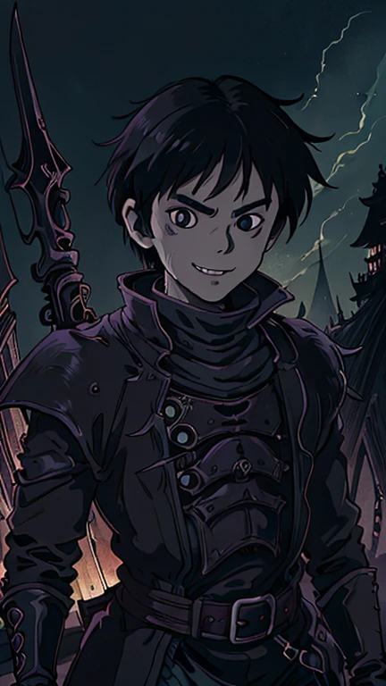 (8k),(masterpiece),(Japanese),(17-year-old boy),((gothicpunkai)),((ghibli style art style)),From the front,upper body,Cowboy shot,smile,cute,Innocent,Kind eyes,Flat chest,Black Hair,night,dark,neon light,gothicpunk background 
