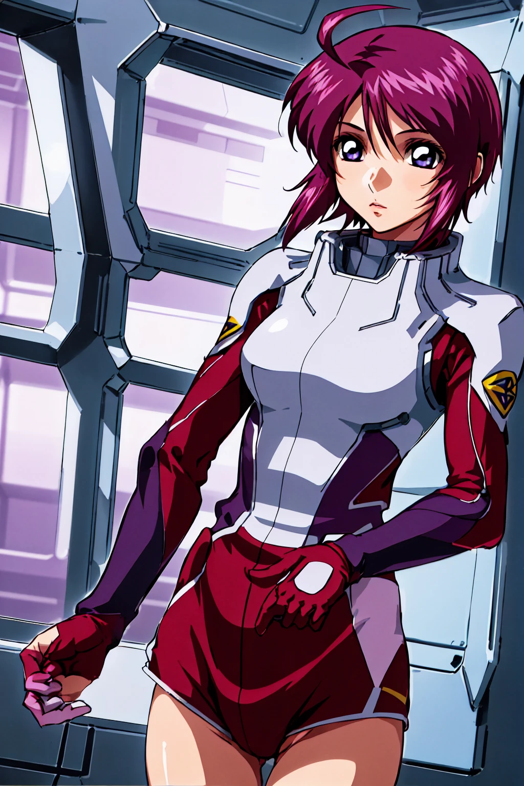 masterpiece, Highest quality, High resolution, One girl, alone, short hair, Ahoge, Redhead, Purple eyes, Purple Hair, Pilot Suit, gloves, Cowboy Shot, Are standing, Spaceship, indoor