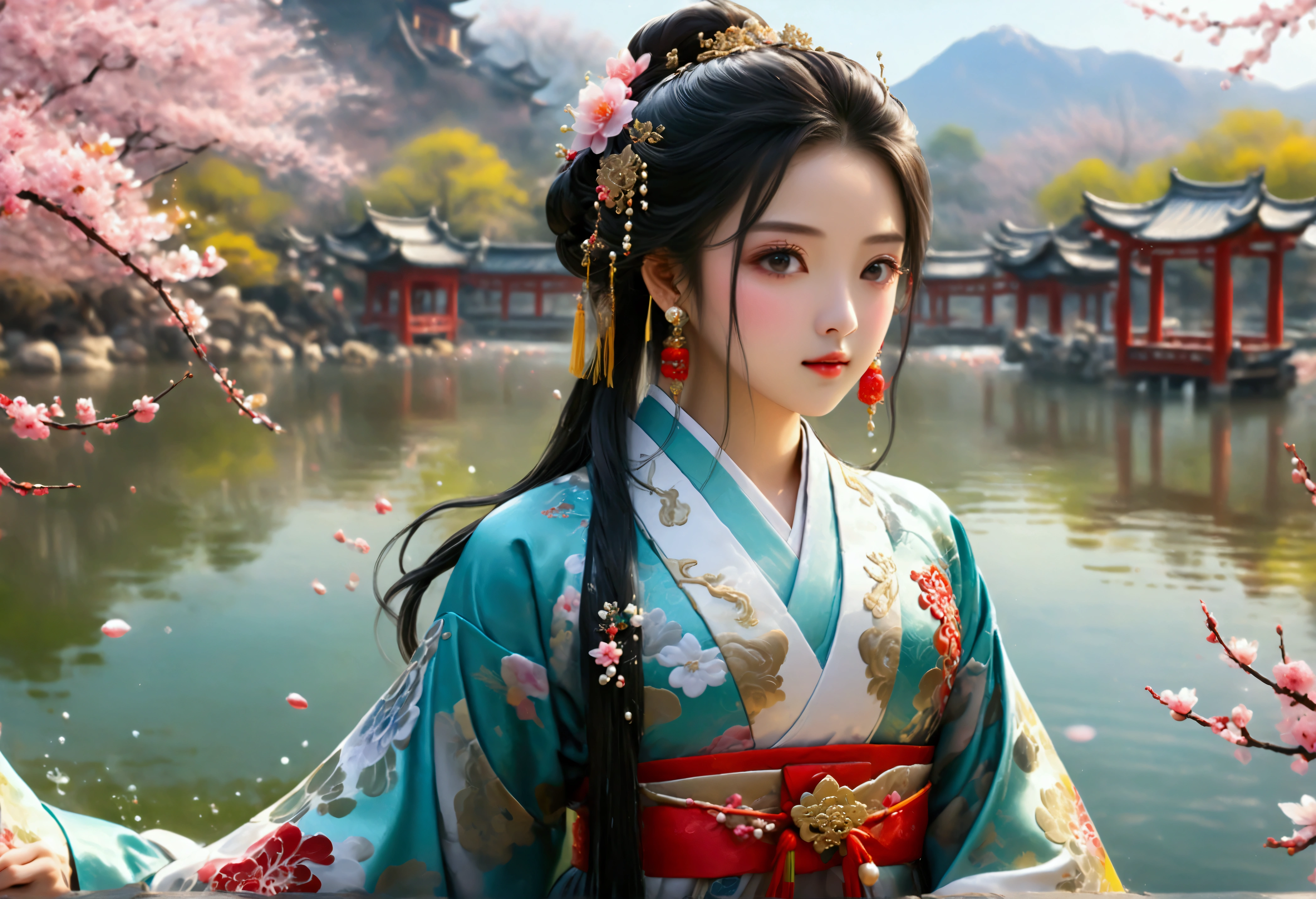 (Panorama, Masterpiece, Best Quality: 1.2), Photorealistic, high resolution, Colorful, colored splashing, Splash, 1 girl, Solo, Hips up, Beautiful eyes, Long hair, Medium breast, Intricate damask hanfu, Gorgeous accessories, Wearing pearl earring, lake, spring, ((impressive beautiful scenery))