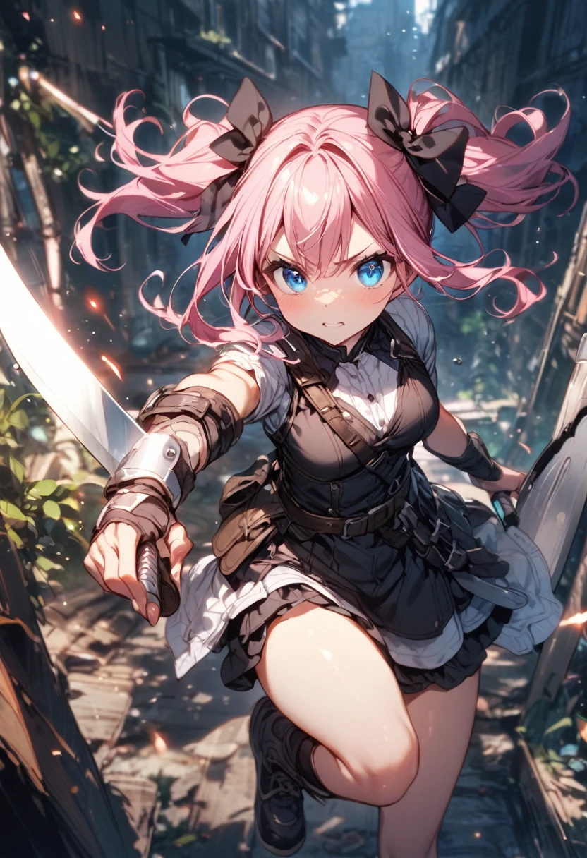 Machete、Girl with pink hair、blue eyes、Twin Drill