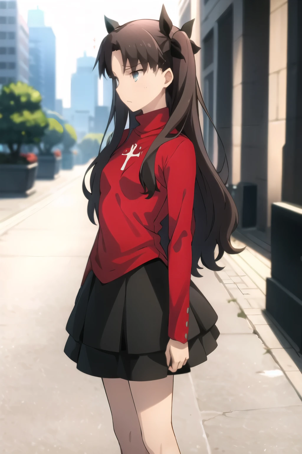 best qualityer, (work of art:1.2), highy detailed,
citys, citysscape, natta,
Tohsaka Rin,
1 girl, standing alone, standing long hair, two sides up, chestnut hair, blue colored eyes, hair ribbon,
red turtleneck, long sleeves, pleatedskirt, Black Skirt, black thighighs, muslos grandes, ?????? pose 