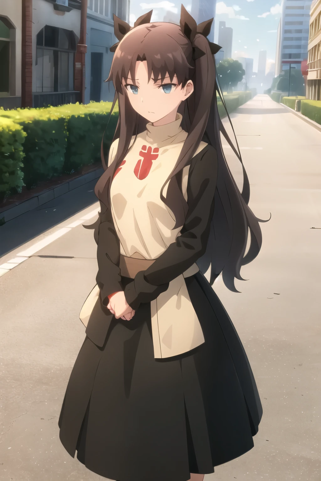 best qualityer, (work of art:1.2), highy detailed,
citys, citysscape, natta,
Tohsaka Rin,
1 girl, standing alone, standing long hair, two sides up, chestnut hair, blue colored eyes, hair ribbon,
red turtleneck, long sleeves, pleatedskirt, Black Skirt, black thighighs, muslos grandes, erotic pose