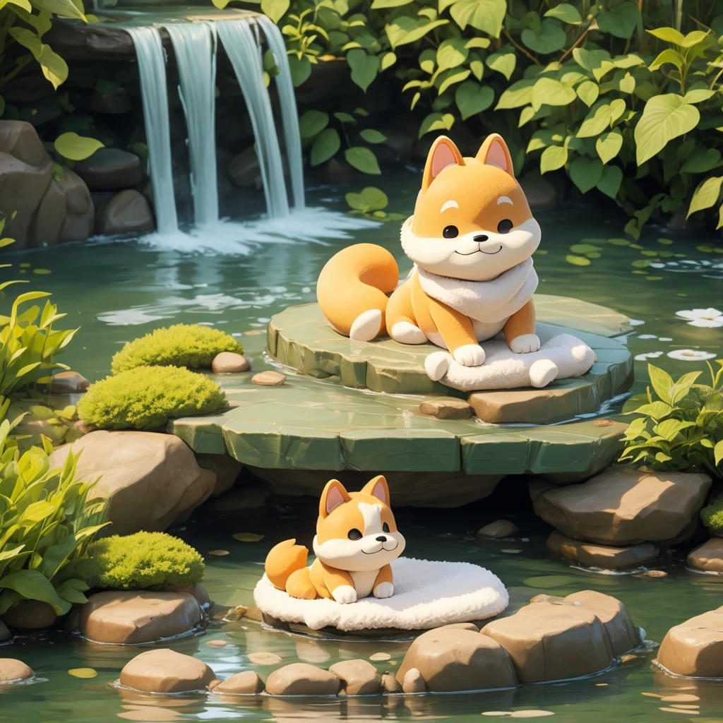 Cute anthropomorphized Shiba Inu character。
Relaxing in a hot spring,、With a towel on his head。