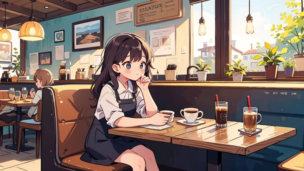German woman drinking coffee while sitting at a cafe table、Emma&#39;Photo。Window sunlight, Blue Hair, Dynamic poses, Texture, Pale skin, Glowing skin, (Slim, small:1.2), [:(Face focus, Delicate face, Perfect eyes, Viewer:1.2):0.2], Practical, Film Grain, best quality, masterpiece