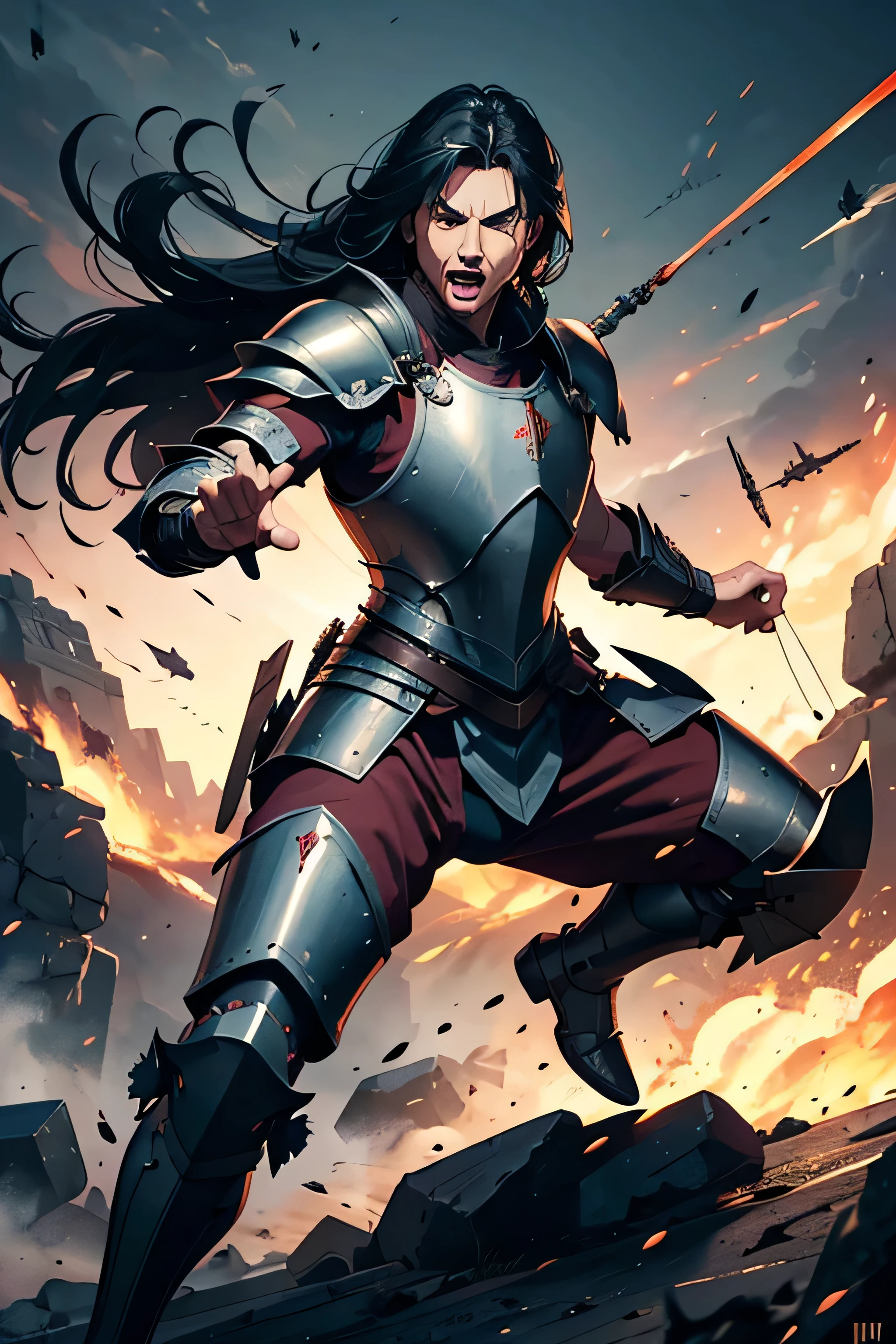 make an illustration of male war catapult liutenant, medieval time, chest plate armor, about 30 years old, long black hair, furious expression, full body, aiming war catapult pose, full posture, high res, ultra sharp, 8K, masterpiece, looking at viewer, perfect finger and hand