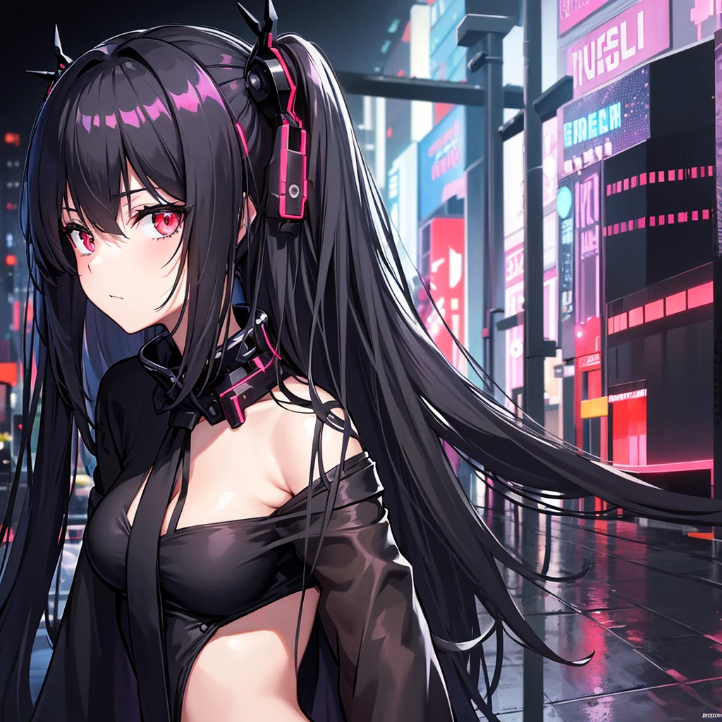 une fille, magnifique, tenue noir, robe avec des collants noirs, yeux rouge, inexpressive, en contre plongé, vu d'en bas, domination, avec un pistolet dans la main, vise vers moi, style cyberpunk 